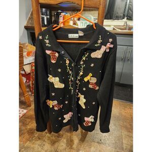 Vintage Handmade B.P.‎ Design Christmas Sweater Button Up Stockings Roses Large